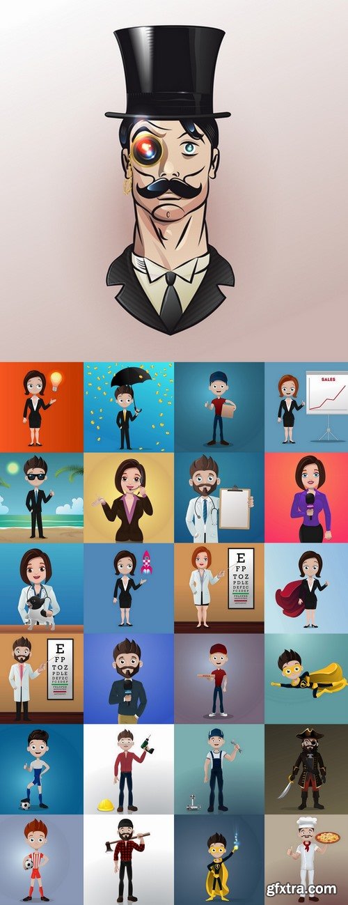 Collection of different cartoon doctor profession builder businessman pirate 25 EPS