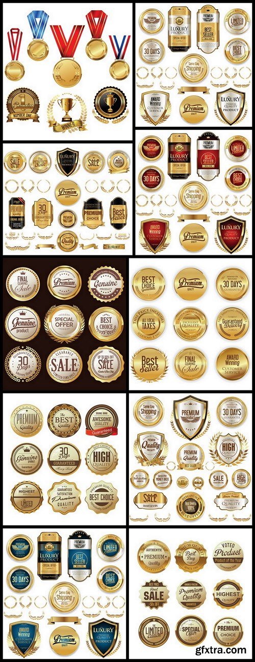 Golden Badges And Labels - 10 Vector