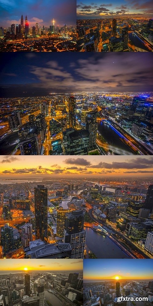 Aerial view of dramatic sunset at Melbourne city skyline