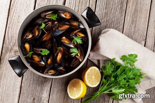 Collection of mussel seafood soup is a delicacy fried meat protein 25 HQ Jpeg