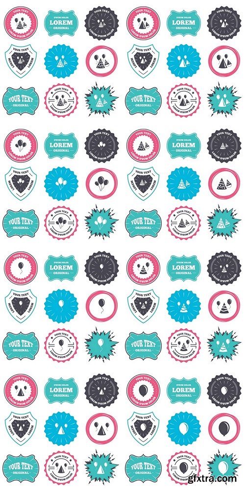 Label and badge templates. Balloon sign icon. Birthday air balloon symbol. Retro style banners, emblems. Vector