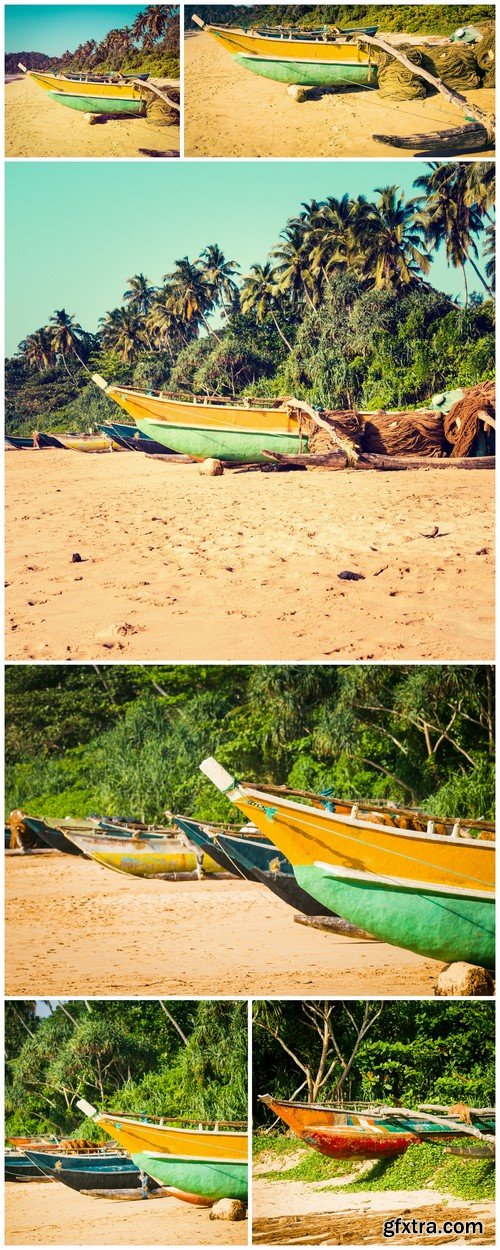 Fishing boats on a tropical beach with palm trees in the background 6X JPEG