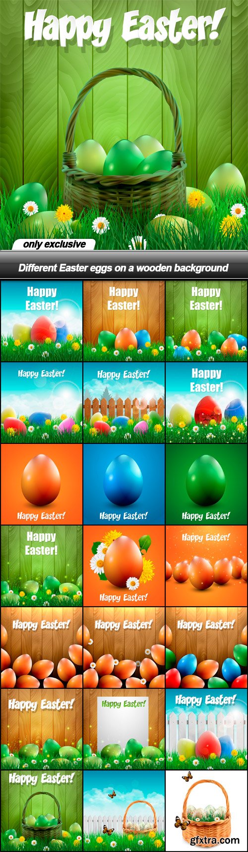 Different Easter eggs on a wooden background - 21 EPS