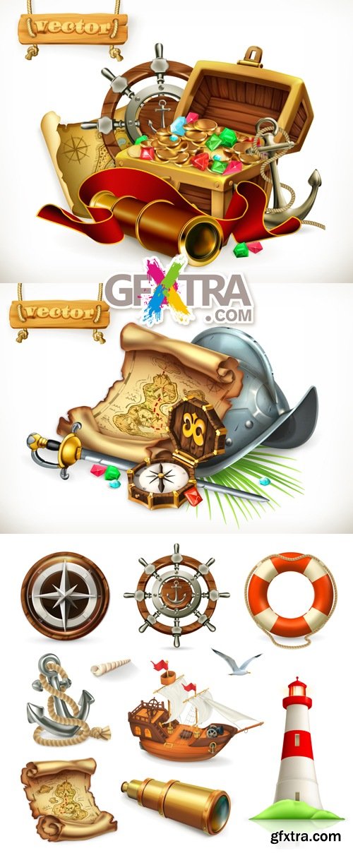 Marine & Pirate Treasure Icons Vector