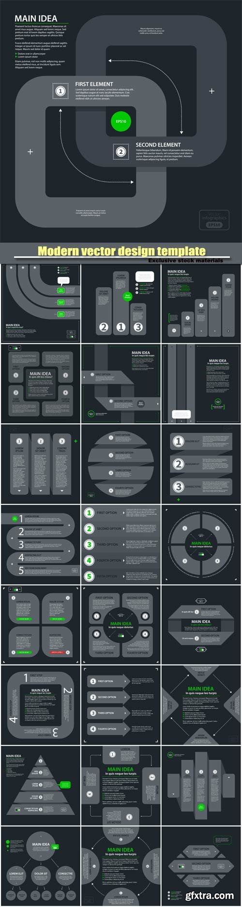 Modern vector design template with four arrows and options in flat style on dark gray background