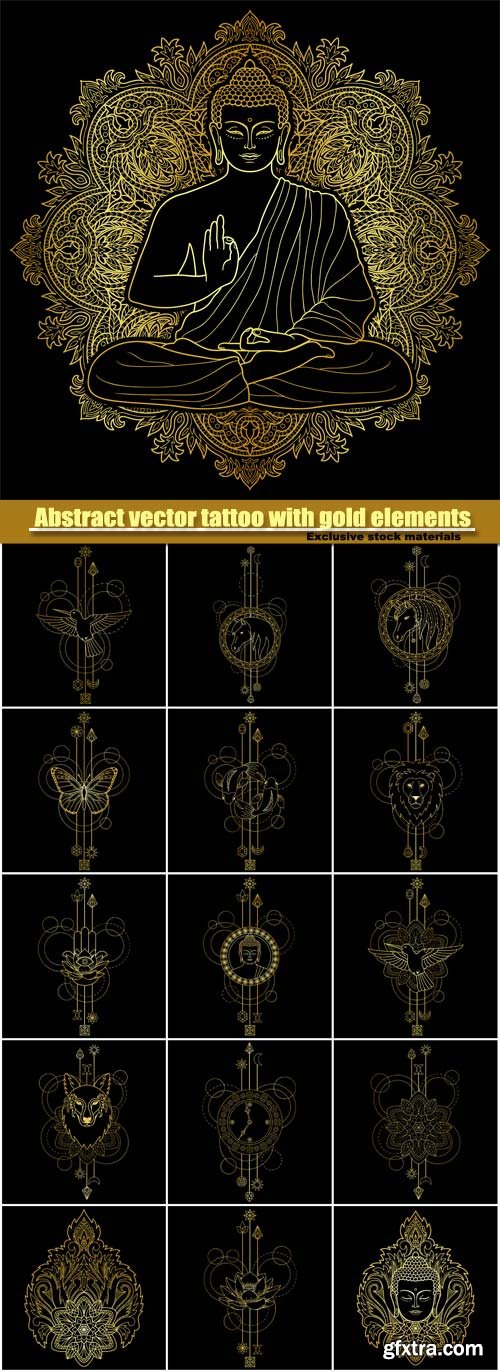 Abstract vector tattoo with gold elements on black background