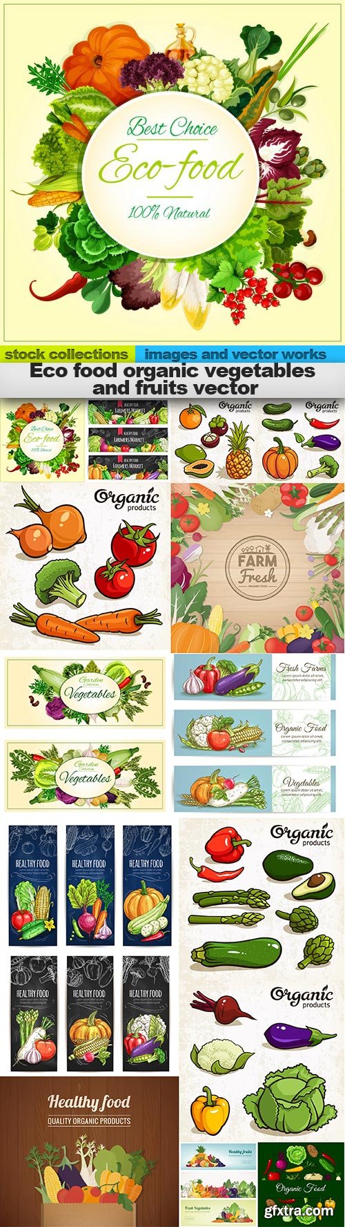 Eco food organic vegetables and fruits vector, 15 x EPS
