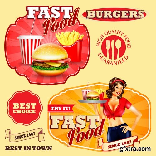 Collection label food meal pizza restaurant fast food fruit banana watermelon 25 EPS