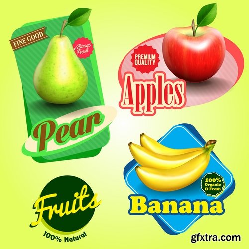 Collection label food meal pizza restaurant fast food fruit banana watermelon 25 EPS