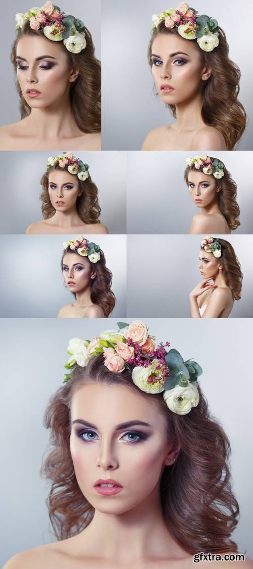 Delicate Spring Beauty Portrait of a Beautiful Girl with a Wreath of Flowers on His Head Isolated