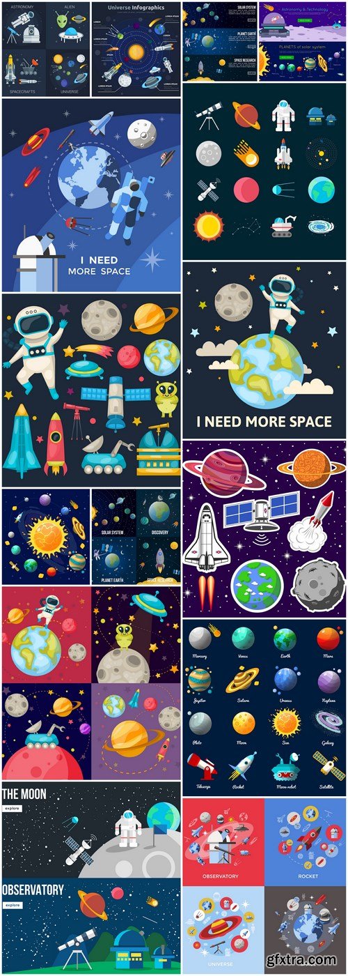 Flat Colored Space Illustration - 16 Vector