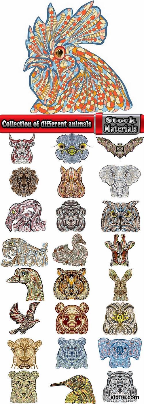 Collection of different animals elephant cock ostrich parrot lion bull ethnic themes 25 EPS