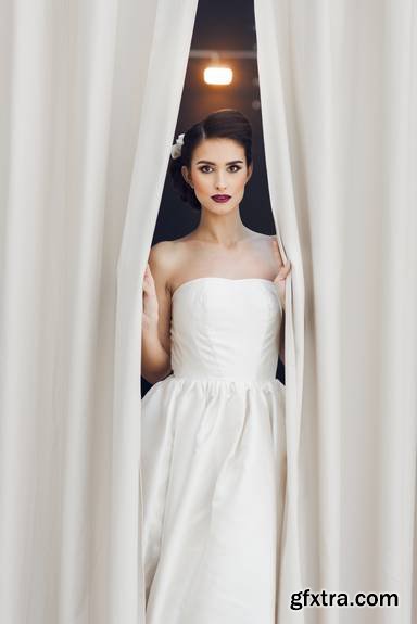 Beautiful Brunette Bride in White Wedding Dress