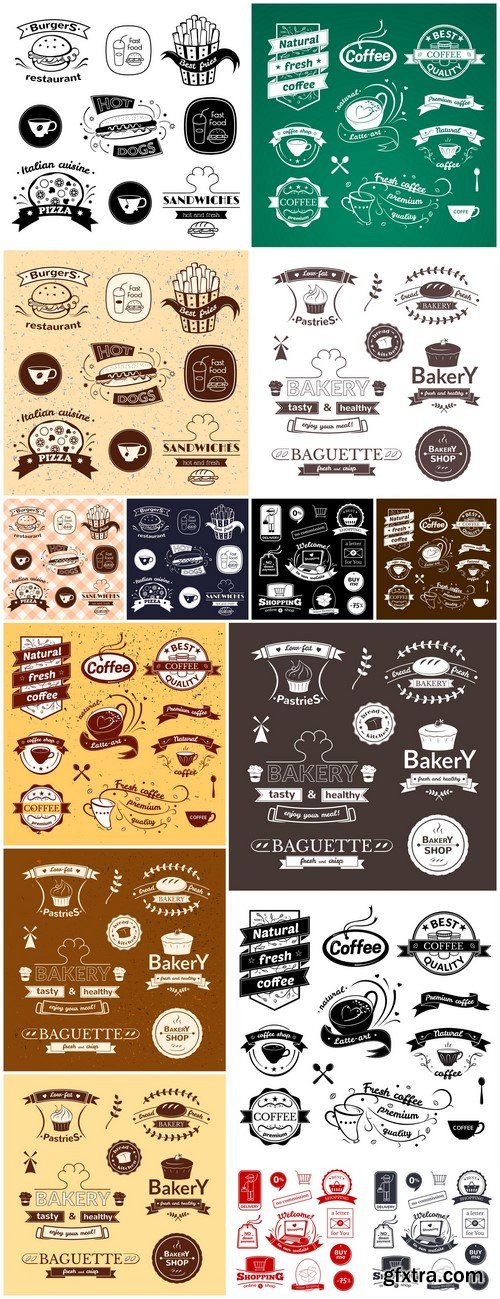 Fast food signs set, retro typography, restaurant logos 15X EPS