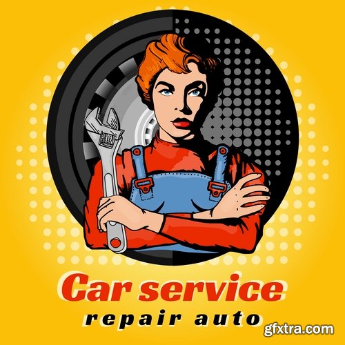 Collection of car repair service flyer banner label advertising the wheel 25 EPS