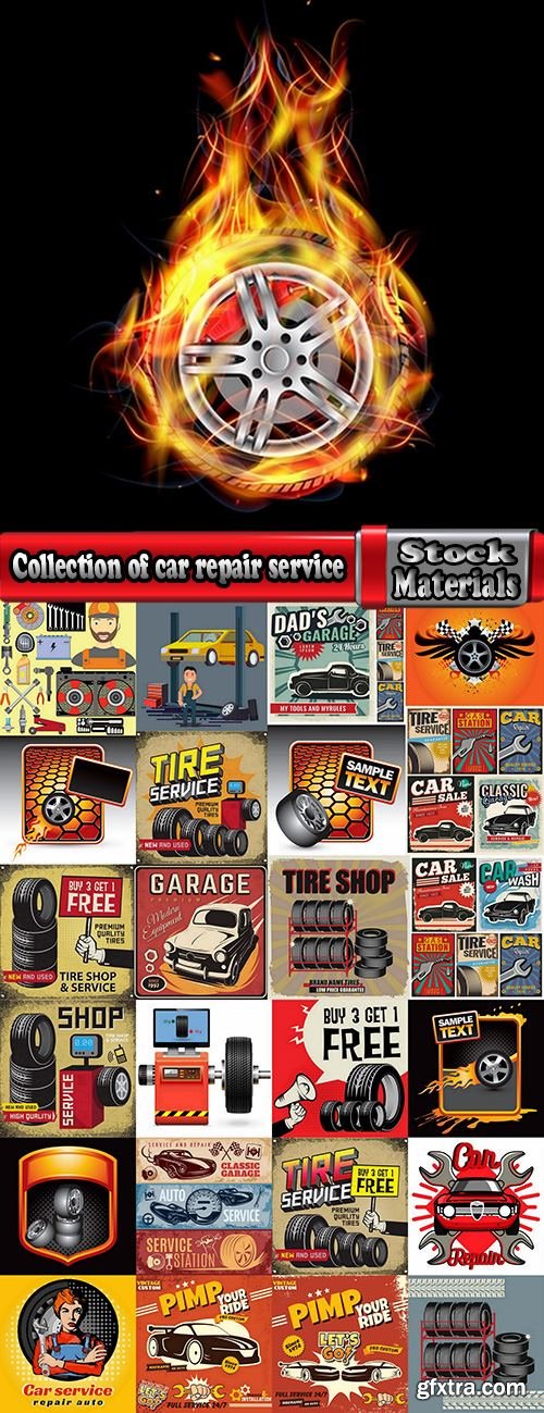 Collection of car repair service flyer banner label advertising the wheel 25 EPS