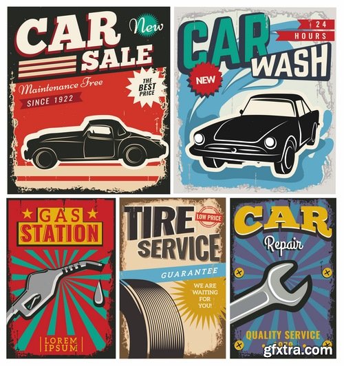 Collection of car repair service flyer banner label advertising the wheel 25 EPS