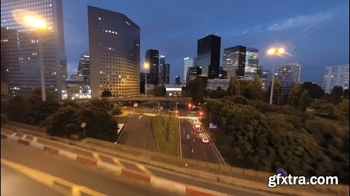 City at night skyline street traffic night lights aerial view landmarks