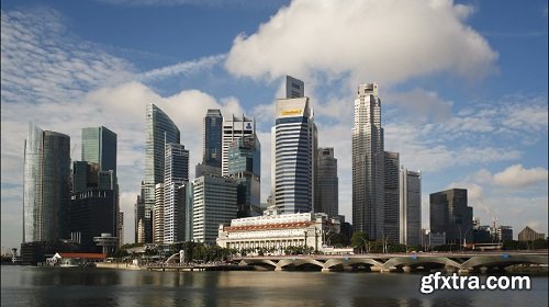 City skyline view across marina bay to the financial and business district