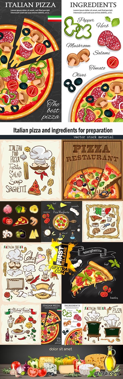 Italian pizza and ingredients for preparation