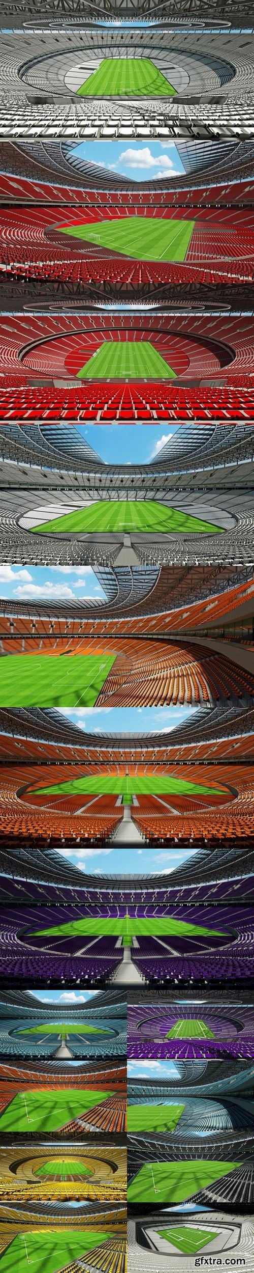 3D render of a round football - soccer stadium with yellow seats and VIP boxes