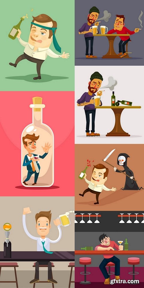 Alcoholic man. Night club. Vector flat cartoon illustration