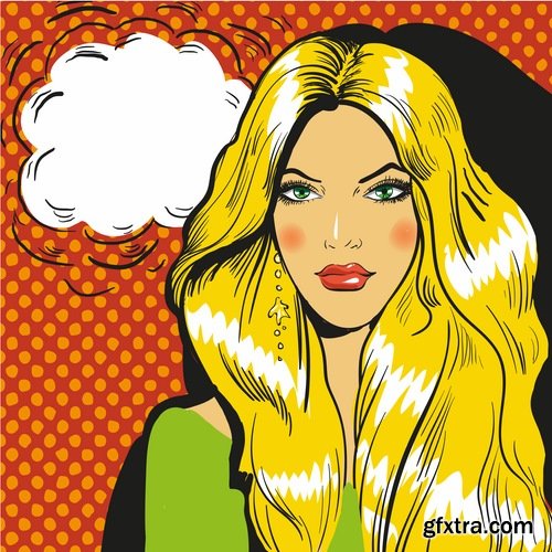 Collection of comic book illustration girl woman with different emotions and thoughts 4-25 EPS