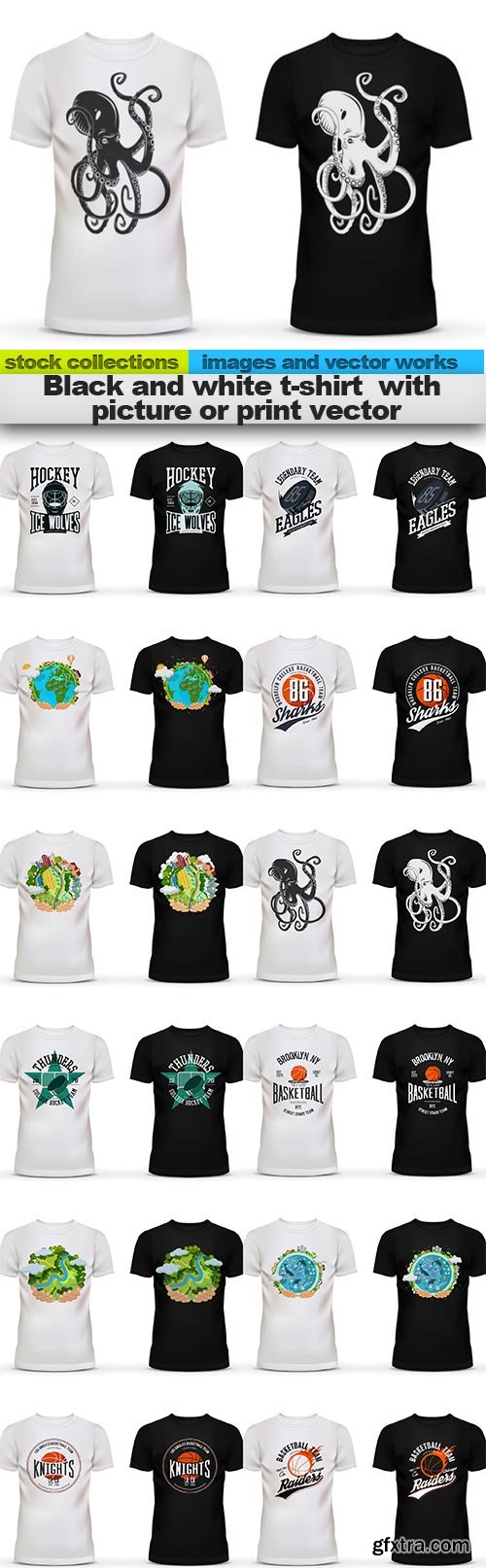 Black and white t-shirt with picture or print vector, 12 x EPS