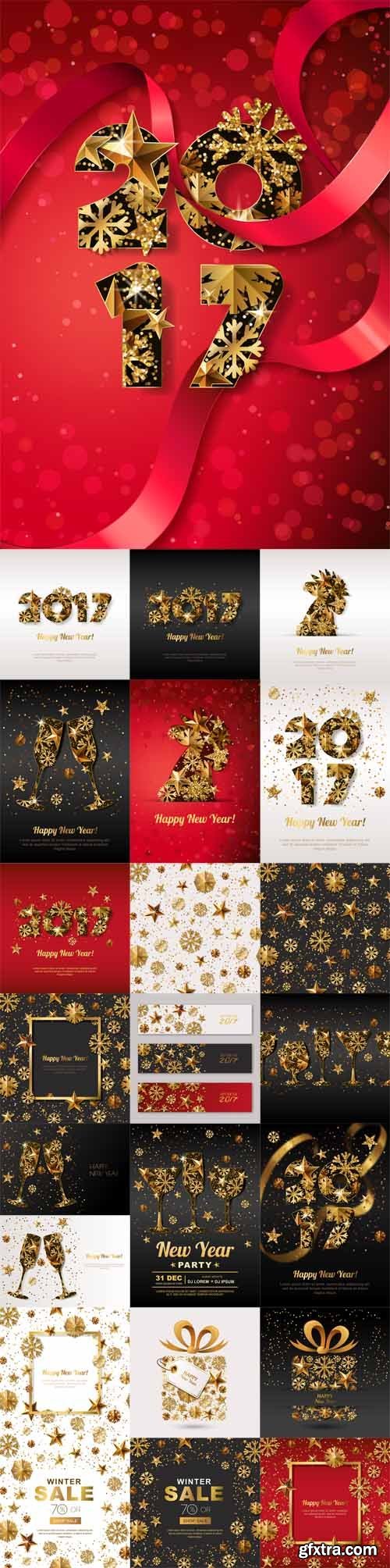 Happy New Year 2017 Greeting Cards with Golden 25xEPS