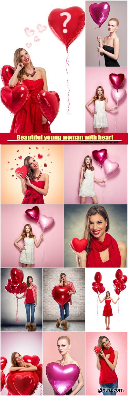 Beautiful young woman with heart shape air balloon, valentine woman