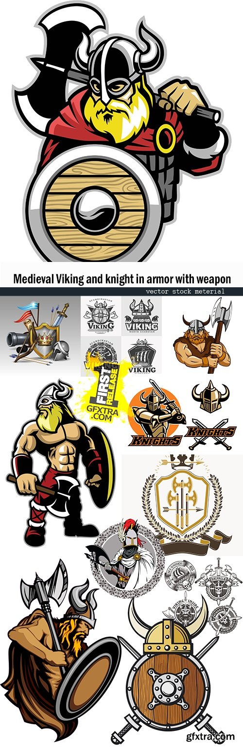 Medieval Viking and knight in armor with weapon