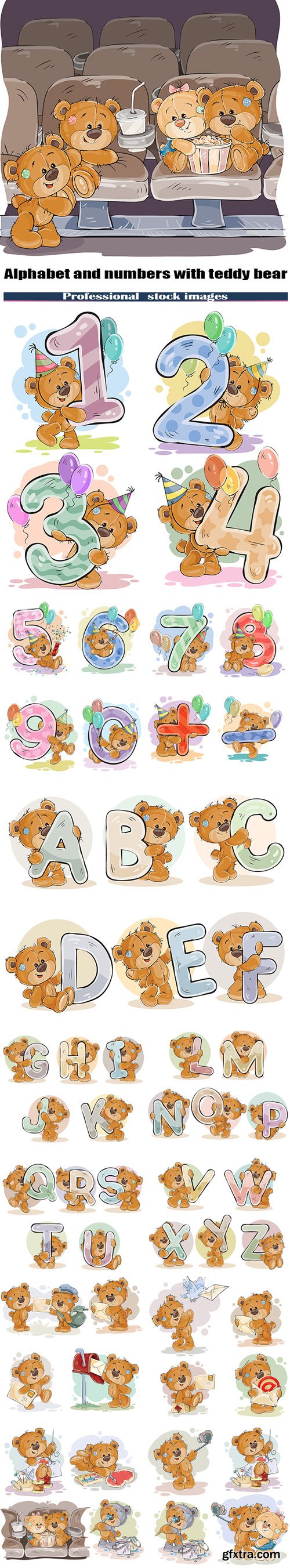 Letters of the English alphabet and numbers with funny teddy bear