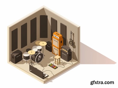 Collection of isometric view of the interior of the room bathroom bedroom gym 25 EPS