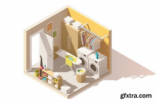 Collection of isometric view of the interior of the room bathroom bedroom gym 25 EPS