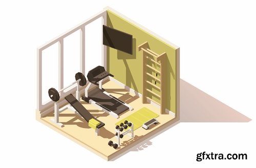 Collection of isometric view of the interior of the room bathroom bedroom gym 25 EPS