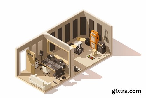 Collection of isometric view of the interior of the room bathroom bedroom gym 25 EPS