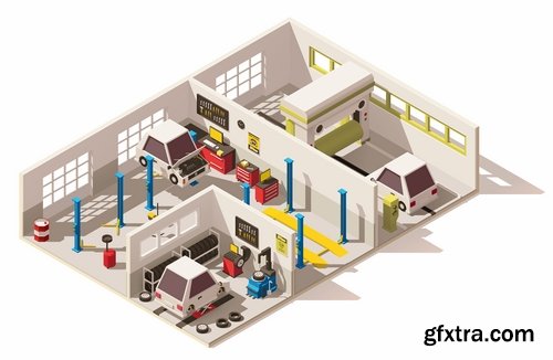 Collection of isometric view of the interior of the room bathroom bedroom gym 25 EPS