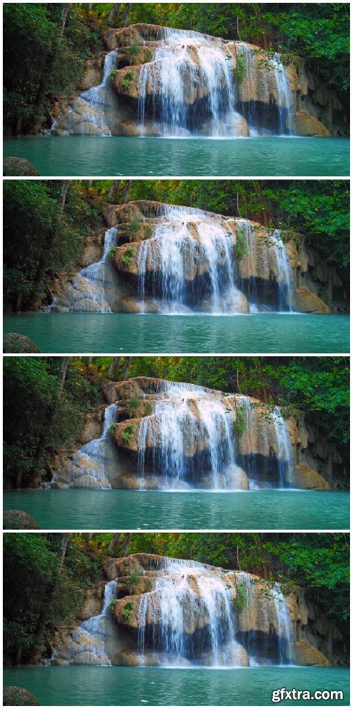 Footage Waterfall in tropical rainforest flows in emerald pond