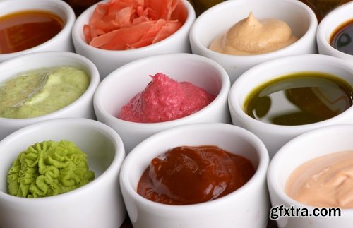 Collection of sauce dish with ketchup and condiment spices meat 25 HQ Jpeg