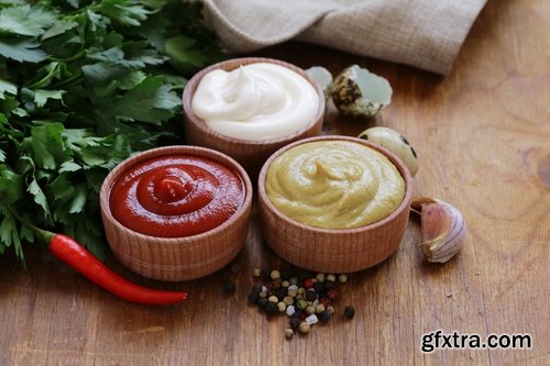 Collection of sauce dish with ketchup and condiment spices meat 25 HQ Jpeg