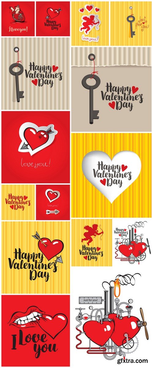 Card valentines day with hearts and Cupid with bow and arrow 15X EPS