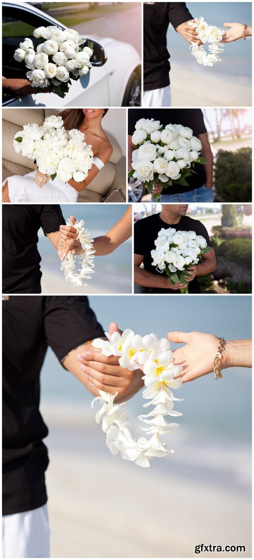 Couple hands holding Flowers garland of white Plumeria 7X JPEG