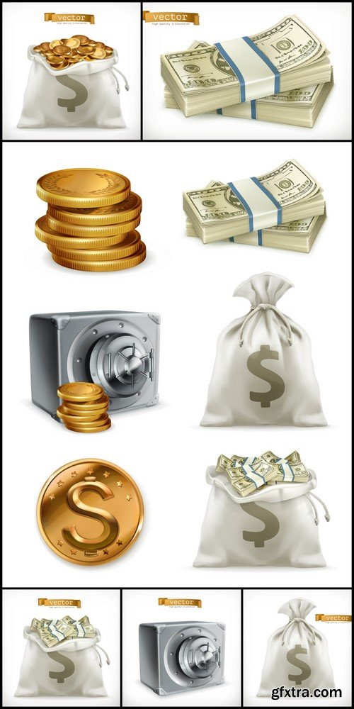 Paper money and gold coin, 3d vector icon set 6X EPS