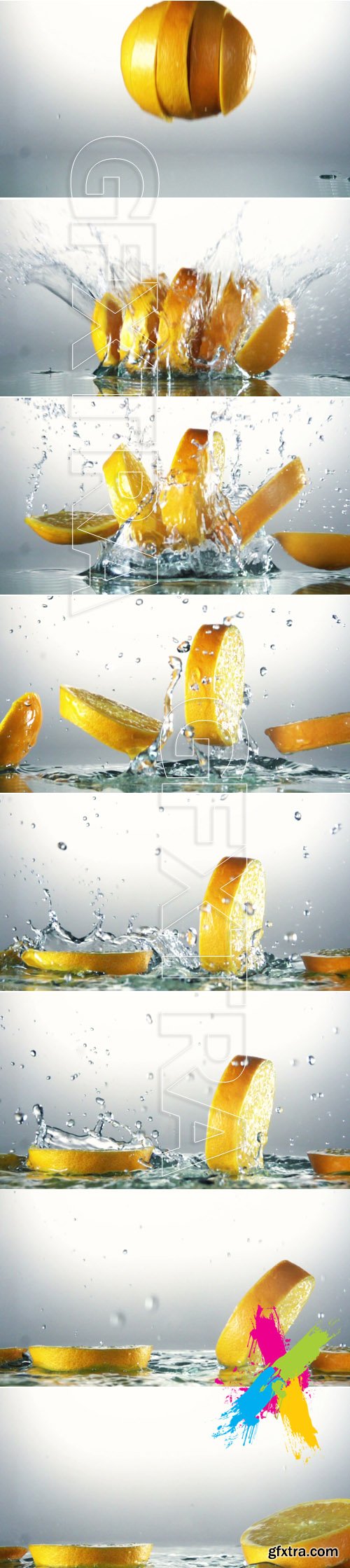 Orange slices splashing into water slow motion Footage