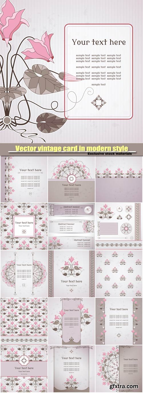 Vector vintage card in modern style, decorative element of cyclamen plants