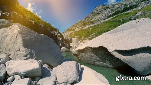 Flying over epic stone rocks in mountain river aerial view scenery