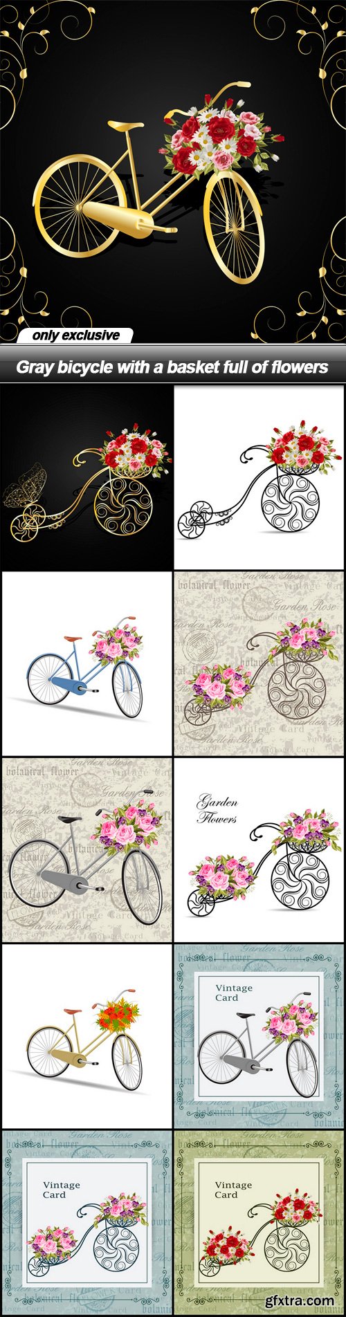 Gray bicycle with a basket full of flowers - 11 EPS