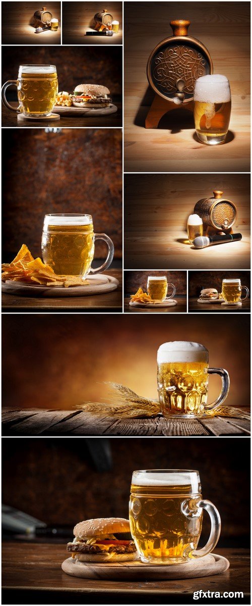 Barrel and glass of beer, microphone on wooden background Concept karaoke 10X JPEG