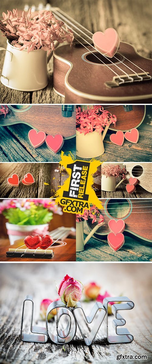 Stock Photo Valentines Day background with hearts and guitar