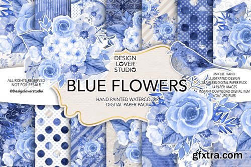 Watercolor BLUE FLOWERS Digital Paper Pack